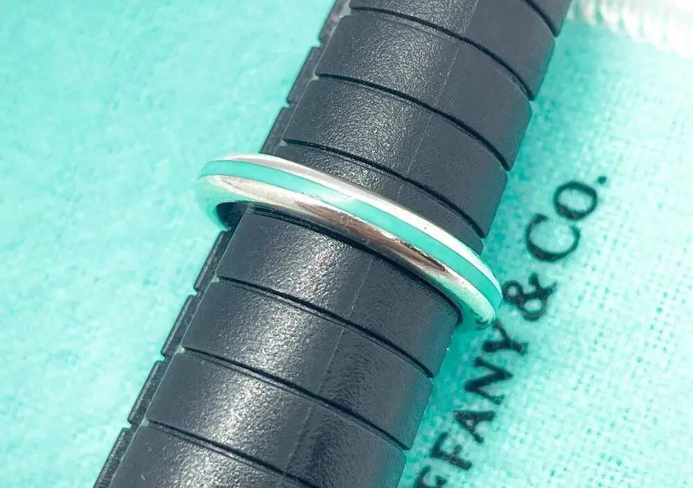 Tiffany & Co. Silver Blue Enamel Narrow Stripe Band Ring Size 5.75